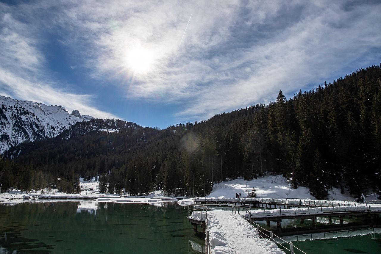 Panorama delle Dolomiti in primavera, con prati fioriti e montagne innevate sullo sfondo.