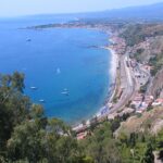 Treno che percorre la costa siciliana, vista panoramica su mare e paesaggi naturali.